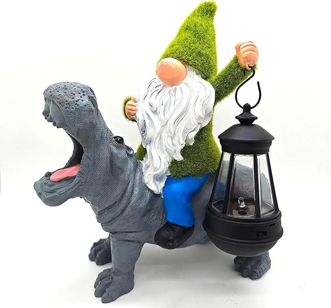 11.8" Gnome Riding Hippo Solar Statue Gnome Solar Statues with Solar Lantern Hippo Solar Lights for Outdoor Decor Patio Balcony Yard Lawn Unique House Warming Gift