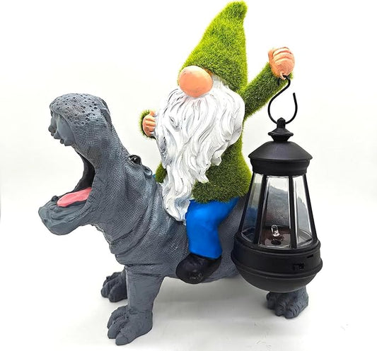 11.8" Gnome Riding Hippo Solar Statue Gnome Solar Statues with Solar Lantern Hippo Solar Lights for Outdoor Decor Patio Balcony Yard Lawn Unique House Warming Gift