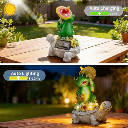 Solar Garden Statue Outdoor Decor Turtle & Frog with LED Lights – Yard Decor for Patio, Balcony, Backyard, Lawn Ornaments Tortoise Figurine, Unique Birthday Gifts for Mom, House Warming Gifts New Home