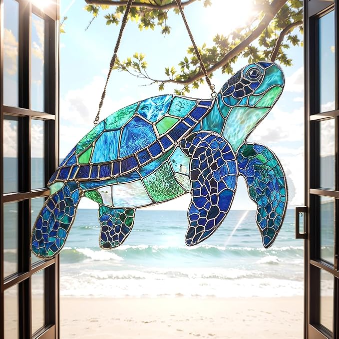 Sea Turtle Acrylic Suncatcher, Boho Suncatchers for Window Hanging Ornament, Stained Glass Effect Art Garden Decor for Sea Turtle Ocean Lover, Gifts for Mother's Day, Mom, Grandma, Wife, Women, Nana
