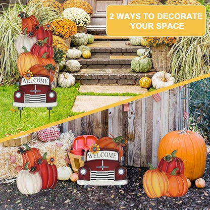 YEAHOME Fall Decorations Outdoor,Multiple Stacked Pumpkin Truck Decorative Garden Stakes for Fall Decor, Autumn Metal Yard Signs for Home Outside Garden Lawn Porch, Thanksgiving Decorations Outdoor