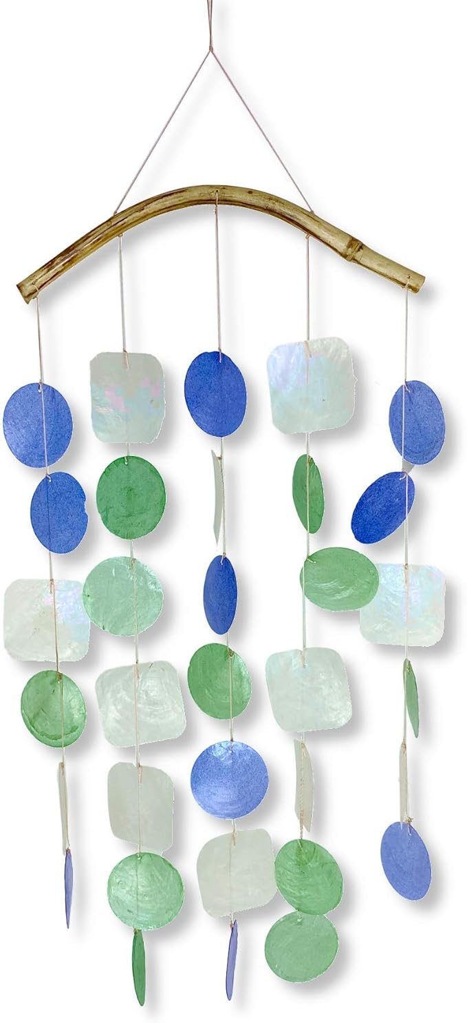 Ocean Capiz Wind Chime Mobile with Bamboo Hanger - 18" Long Blue Green Windchime