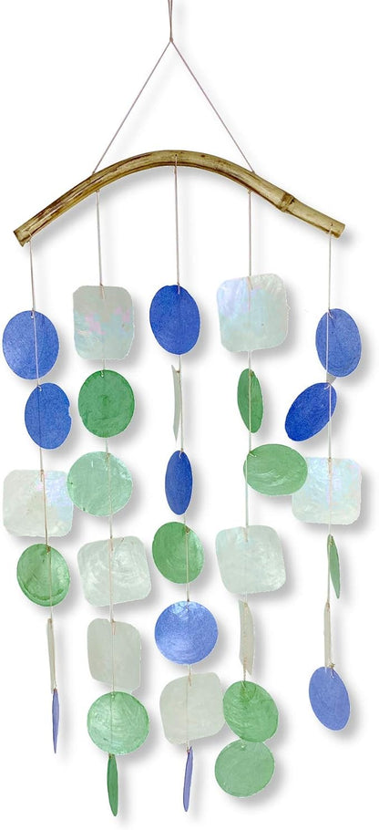 Ocean Capiz Wind Chime Mobile with Bamboo Hanger - 18" Long Blue Green Windchime
