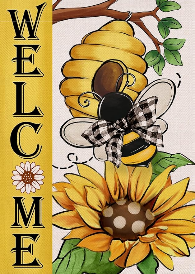 Welcome Spring Summer Bumble Bee Sunflower Decorative Garden Flag, Flower Honeycomb Yard Outside Decorations, Buffalo Plaid Bow Burlap Farmhouse Outdoor Small Home Decor Double Sided 12 x 18