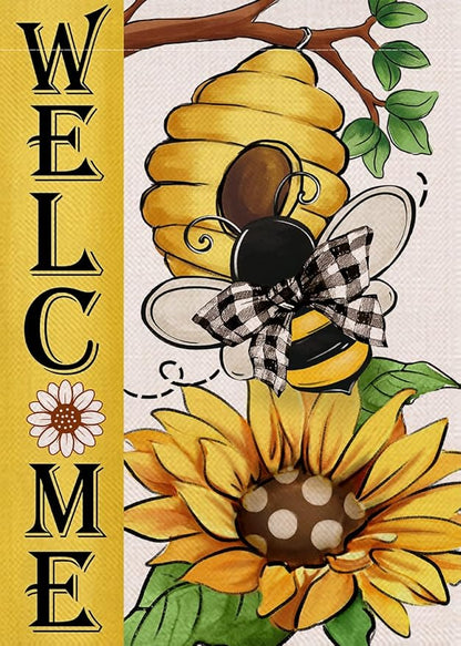 Welcome Spring Summer Bumble Bee Sunflower Decorative Garden Flag, Flower Honeycomb Yard Outside Decorations, Buffalo Plaid Bow Burlap Farmhouse Outdoor Small Home Decor Double Sided 12 x 18