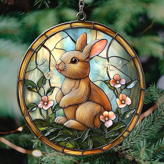 Earthy Tiffany Bunny Floral Art Acrylic Suncatcher Stained Glass Effect Window Car Hanging Christmas Ornament Indoor Outdoor Decor Garden Sun Catcher Panel for Easter Lover for Women Mom Grandma