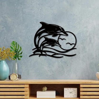 CREATCABIN Dolphin Sunset Metal Wall Art Coastal Seagull Black Iron Wall Silhouette Decor Modern Abstract Hanging Sculpture Ornament Art Plaque for Hotel Bedroom Housewarming Gifts 11.8 x 9 inch