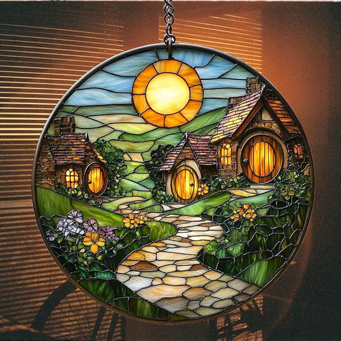 Whimsical Vivid Village Mosaic Art Acrylic Suncatcher Stained Glass Effect Window Car Hanging Christmas Ornament Indoor Outdoor Decor Garden Sun Catcher Panel for Scenery Lover for Women Mom Grandma
