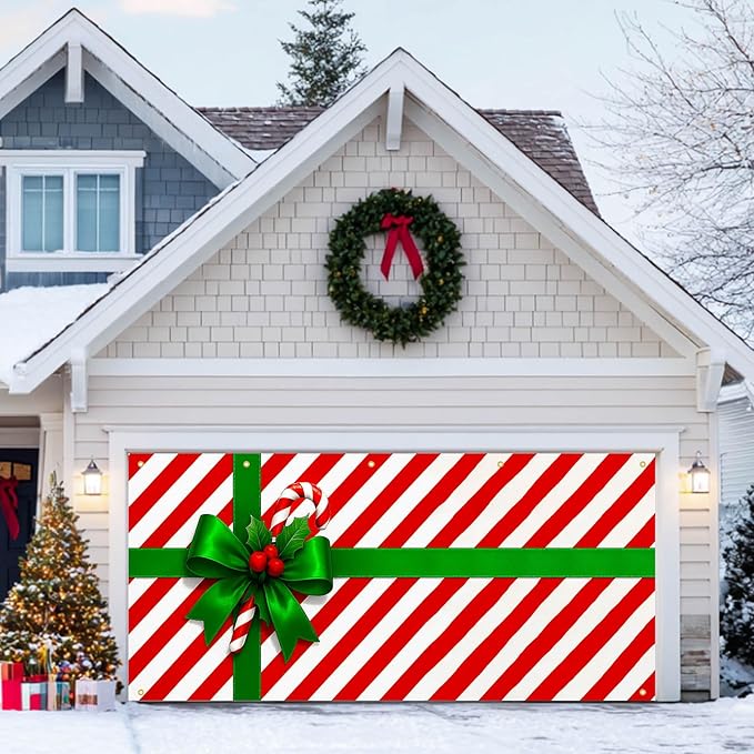 HOMETITUTE Christmas Garage Door Banner 13x6ft Gift Wrap Bow Ribbon Theme Backdrop Seasonal Christmas Decor Winter Door Cover Banners for Outside Garage Wall Covering for Party Garage Decorations