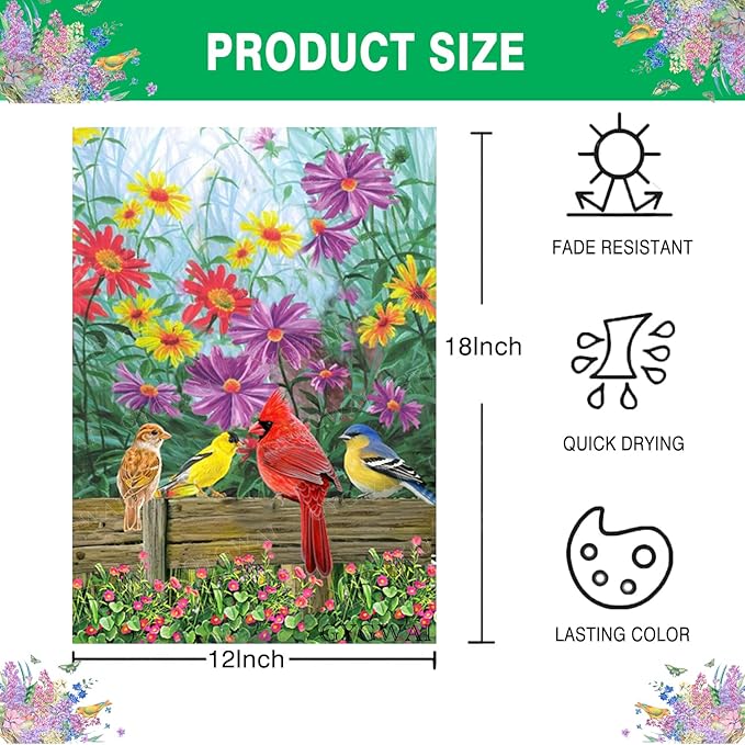 Spring Cardinal Garden Flag Floral 12x18 Double Sided, Birds Flower Small Burlap Yard House Seasonal Outside Outdoor Decoration