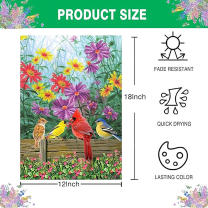 Spring Cardinal Garden Flag Floral 12x18 Double Sided, Birds Flower Small Burlap Yard House Seasonal Outside Outdoor Decoration