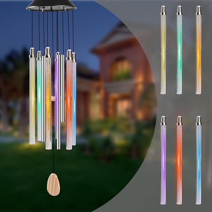 Bursvik Solar Wind Chimes for Outside, 6 LED Tube with 4 Aluminum Tube Automatic Color Changing Wind Chimes, Gifts for Mom, IPX65 Waterproof Hanging Solar Lights for Garden Patio Yard Porch
