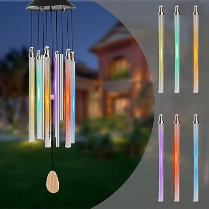 Bursvik Solar Wind Chimes for Outside, 6 LED Tube with 4 Aluminum Tube Automatic Color Changing Wind Chimes, Gifts for Mom, IPX65 Waterproof Hanging Solar Lights for Garden Patio Yard Porch