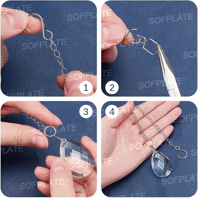 1 Box 10 Sets DIY Suncatcher Kits 5M/196.8In Silver Suncatcher Chains and Hooks Sun Moon Charms Crystal Ball Suspension Chain Kits for Window Prism Home Wedding Xmas Tree Hanging Decoration