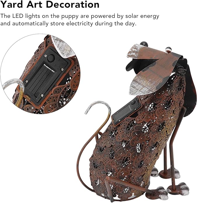 Tefola Garden Decor, Dog Statue Iron Retro Waterproof Vivid Shape Garden Decoration with Solar Powered LED Light for Courtyard