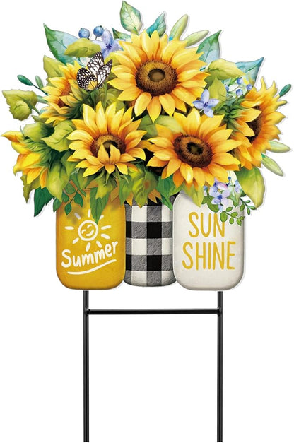 Amyhill Summer Sunflower Outdoor Decor Metal Garden Stakes 25 Inch Summer Welcome Yard Signs Decorations Outdoor Sunflower Decorative Garden Stakes Patio Lawn Walkway Backyard Porch Decorations