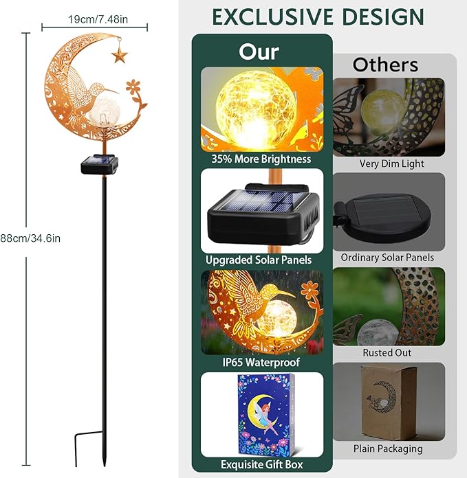 ZNYCYE Solar Lights Outdoor Decorative Moon Hummingbird Solar Stake Lights Mothers Day Gifts for Mom Women Grandma,Hummingbird Garden Decor Waterproof for Walkway, Yard, Lawn, Patio (Warm White)