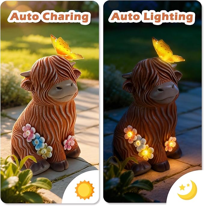 Highland Cow Garden Statue with Butterfly - Outdoor Decor for Yard, Patio & Lawn - Cute Cattle Figurine, Whimsical Backyard Ornament & Art, Unique Gifts for Grandma, Mom & Cow Lovers