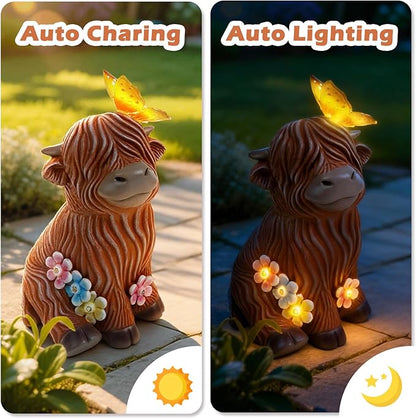 Highland Cow Garden Statue with Butterfly - Outdoor Decor for Yard, Patio & Lawn - Cute Cattle Figurine, Whimsical Backyard Ornament & Art, Unique Gifts for Grandma, Mom & Cow Lovers