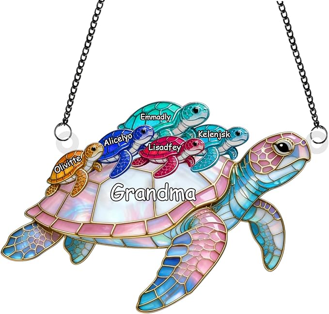 Personalized Grandma's Little Turtles Stained Glass Suncatchers, Custom Name Birth Month Flowers Acrylic Window Hanging Ornament, Mothers Day Christmas Birthday Gifts for Grandma Mom (Style 10)