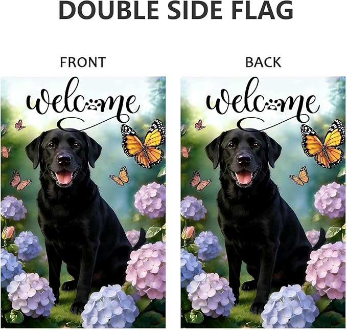 Welcome Spring Summer Garden Flags 2x18 Double Sided, Small Burlap Seasonal Farmhouse Rustic Black Lab Labrador Dog Garden Flag Spring Summer Decoration Outdoor Yard Lawn Porch Flags for Outside Décor