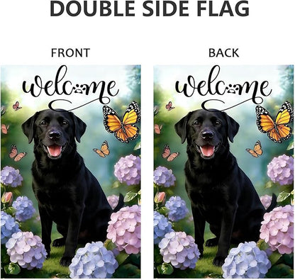 Welcome Spring Summer Garden Flags 2x18 Double Sided, Small Burlap Seasonal Farmhouse Rustic Black Lab Labrador Dog Garden Flag Spring Summer Decoration Outdoor Yard Lawn Porch Flags for Outside Décor