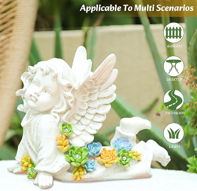 Solar Cherub Angel Outdoor Garden Decor Statues - 7 inches Baby Angel Figurines Outdoor Sculptures with Succulent, Garden Statues for Outside, Patio, Balcony, Lawn Ornaments or Housewarming Gift