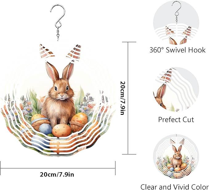 Easter Bunny Wind Spinner Easter Day Gifts 3D Metal Kinetic Hanging Wind Sculpture Spinners for Yard and Garden Indoor Outdoor Window Easter Rabbit Yard Art Garden Decoration 8 Inch (Bunny 5)