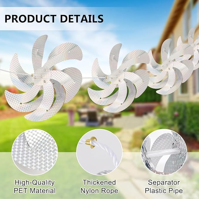 10 Meters 8 Pieces Reflective Pinwheels Bird Repellent Devices Outdoor Windmills, 12 Inches Silver Wind Spinners Outdoor Decor to Scare Birds, Large Shiny Rotating Pinwheels for Yard and Garden
