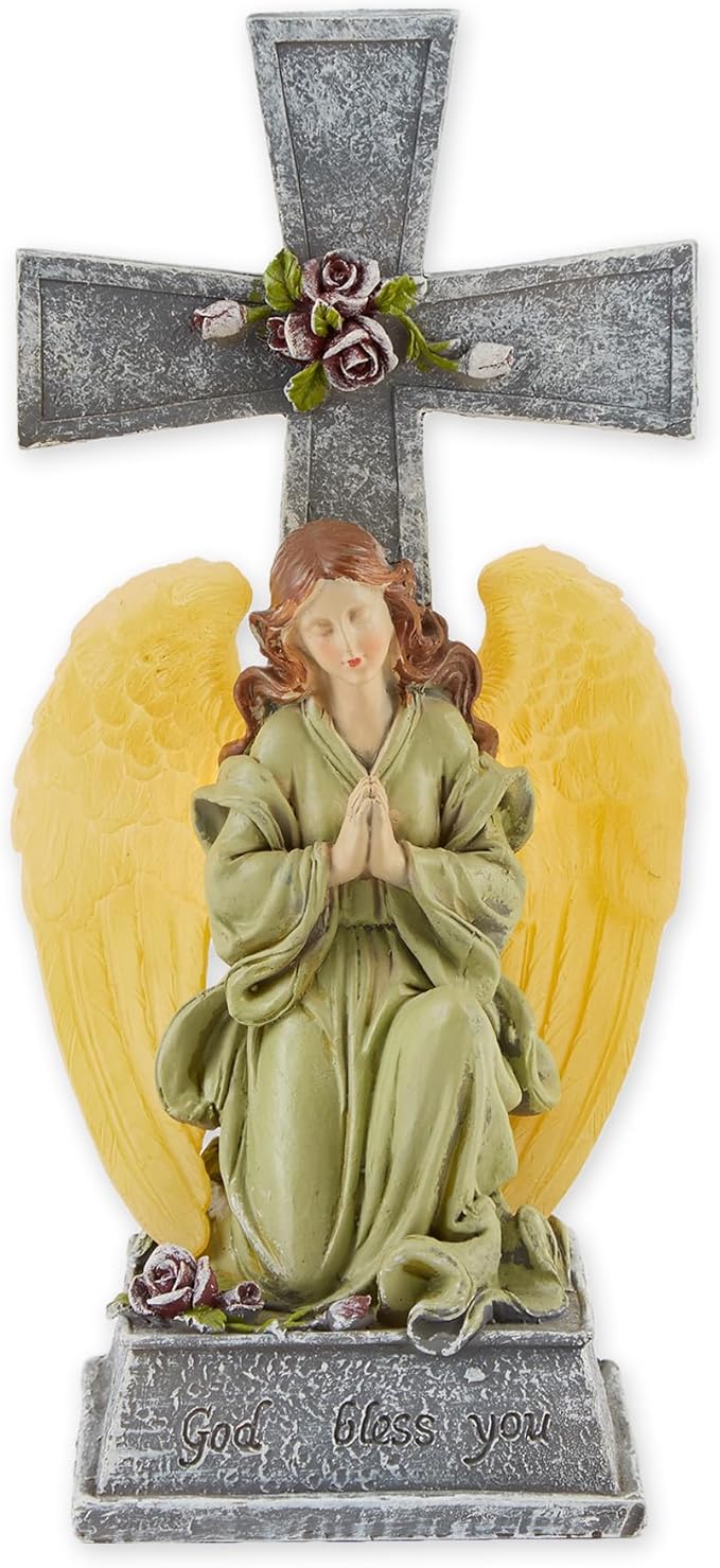 Gifts & Decor Faux Stone Look Blessed Cross Angel Garden Solar Light