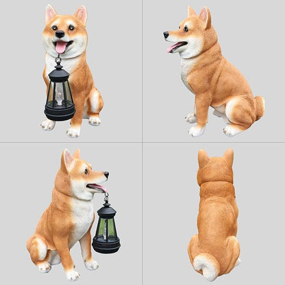 Outdoor Akita Inu Dog Statue with Interchangeable Welcome Sign and Detachable Solar Lantern –LED Light Garden Dog Sculpture Décor, Cute Puppy Design for Yard, Porch, Gift