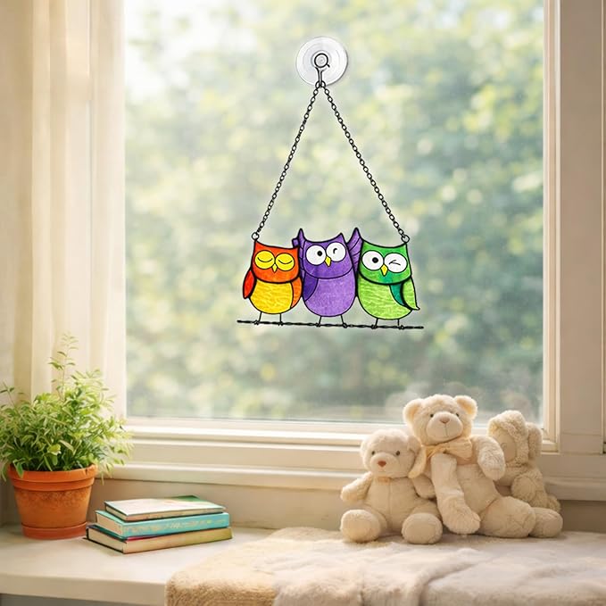 Owls Stained Glass Suncatcher, Handmade Colorful Window Hanging Sun Catcher Ornament for Home & Garden, Gift for Bird Lovers Mothers & Women