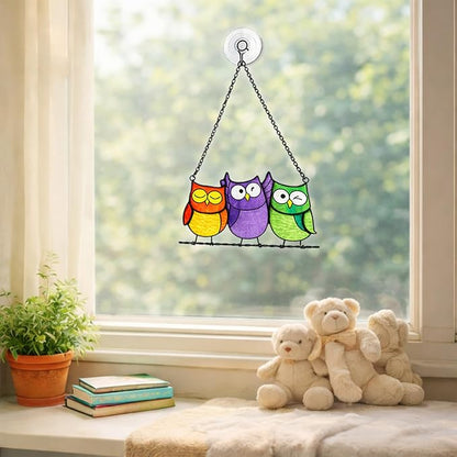 Owls Stained Glass Suncatcher, Handmade Colorful Window Hanging Sun Catcher Ornament for Home & Garden, Gift for Bird Lovers Mothers & Women