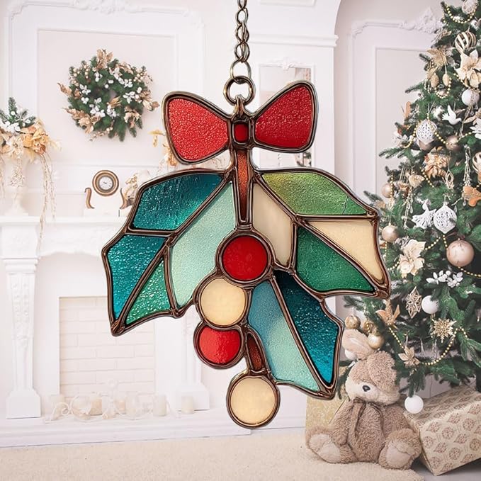 Mistle Toe Mosaic Style Acrylic Suncatcher Stained Glass Effect Window Car Hanging Christmas Ornament Indoor Outdoor Decor Garden Sun Catcher Panel for Women Mom Grandma