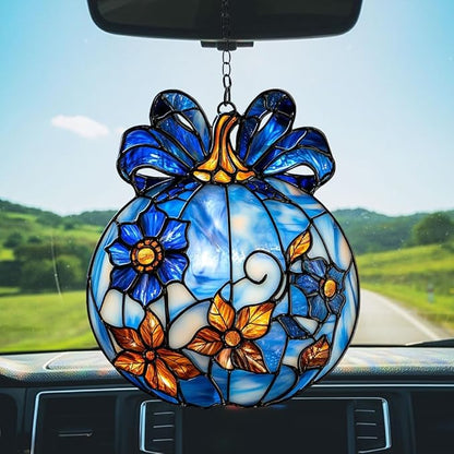 Blue Floral Pumpkin Acrylic Suncatcher Stained Glass Effect Window Car Hanging Christmas Ornament Indoor Outdoor Decor Garden Sun Catcher Panel for Halloween Lover for Women Mom Grandma