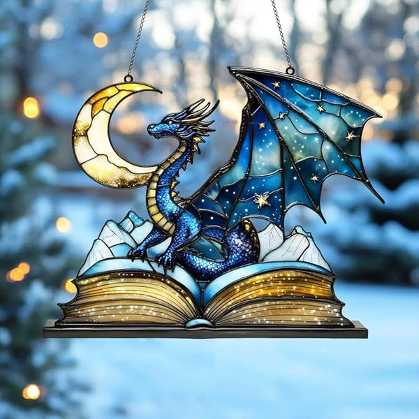 Dragon Moon Book Bookworm Acrylic Suncatcher, Book Suncatchers for Window Hangings, Bookish Gifts for Readers Book Lovers Bookworm, Gift for Mother's Day, Women, Mom, Wife, Grandma