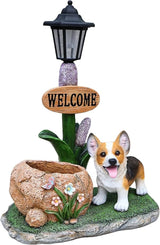 Solar Light Animal Outdoor Statue Planter with Welcome Sign, Resin Garden Sculpture Flower Pot for Patio Lawn Porch Yard Courtyard Decor, Weather-Resistant Decorative Figurine Accent (M)