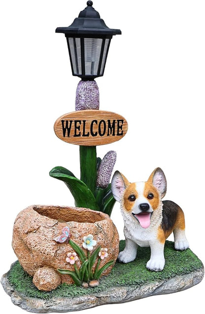 Solar Light Animal Outdoor Statue Planter with Welcome Sign, Resin Garden Sculpture Flower Pot for Patio Lawn Porch Yard Courtyard Decor, Weather-Resistant Decorative Figurine Accent (M)