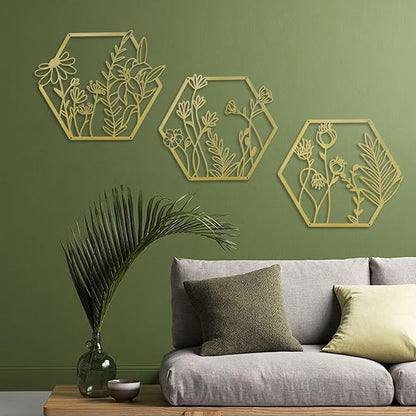 OYEFLY 3 Pcs Metal Flower Wall Decor,Farmhouse Flower Art (Gold)
