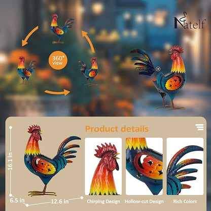 Natelf Solar Rooster Statue, Outdoor Metal Rooster Decor with Solar Light, Hand-Painted Weatherproof Garden Art for Yard, Patio - Unique Gift