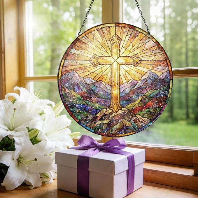 Christian Cross Stained Glass Window Hanging - Mountain Landscape Religious Sun Catcher with Chain, Round Glass Ornament for Home Garden Window Decor Gift, 8 Inch
