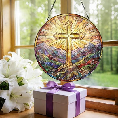 Christian Cross Stained Glass Window Hanging - Mountain Landscape Religious Sun Catcher with Chain, Round Glass Ornament for Home Garden Window Decor Gift, 8 Inch