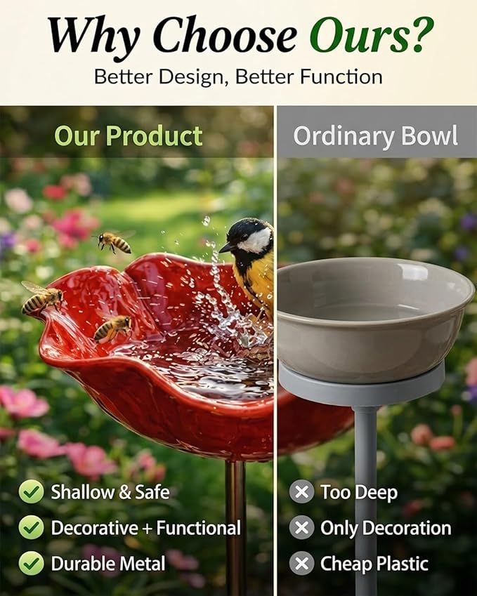 Handmade Metal Flower Garden Stakes Bird Bath Bee Watering Station for Garden Outside Pollinators Birdbaths Bowl for Decorative Outdoors Yard Art Hummingbird Fountain Butterfly Water Feeder Gift(2pcs)