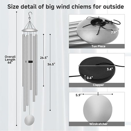 66" Extra Large Wind Chimes for Outside Deep Tone, 6 Thick and Bold Aluminum Tubes Tuned Relaxing Melody Wind Chime, Big Wind Chimes for Garden Patio Decor, Great Gift Idea for Mother's Day (Silver)
