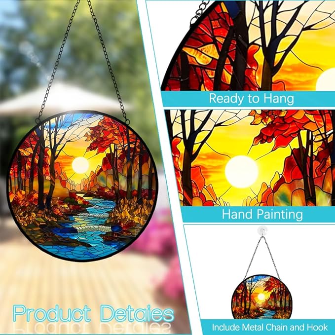 Sunrise Tree and River Landscape Stained Glass Suncatcher for Window Hanging - Handmade Mountains Sun Catchers Diamond Art Stain Glass Panel - Mother's Day Birthday Gift for Mom Grandma Nature Lovers
