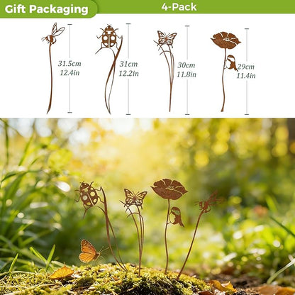 KODIBO 4-Pack Metal Garden Stakes Outdoor Decor, Vintage Rust Patina Bird Bee Butterfly Ladybug Garden Stake Set, Decorative Yard Art for Flower Bed, Planters, Patio & Lawn, Gift for Garden Lovers