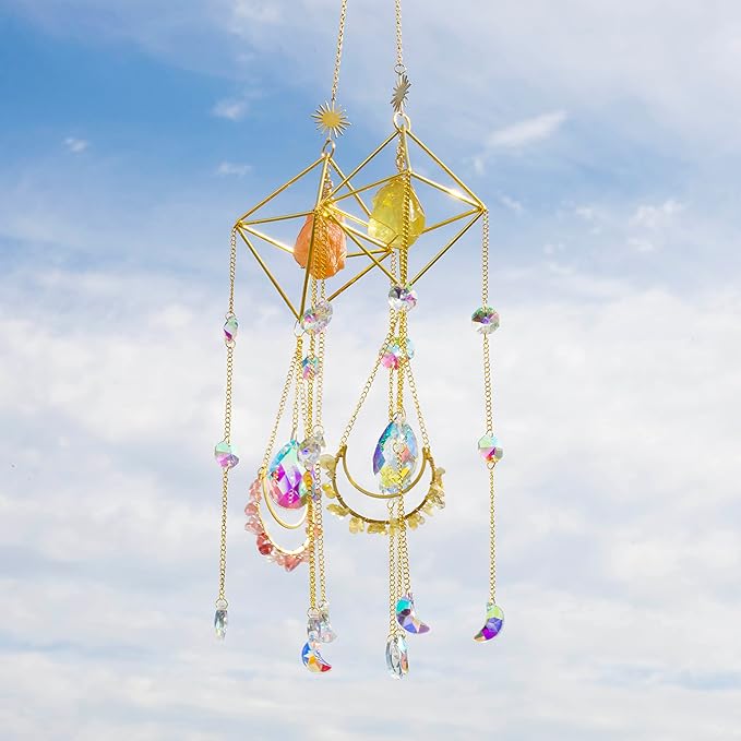 Citrine Crystal Suncatchers Boho Decor, Valentine's Day Gift for Her, Light Catcher Stone, Glass Rainbow Maker, Crystal Window Hanging, Natural Gemstone (Citrine)