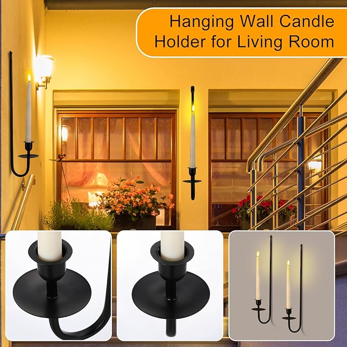 Tessco for you Metal Wall Mount Candle Sconces with 9.6" LED Flameless Taper Candles and Remote Timer 16.5" Wall Hanging Sconces Set for Living Room Fireplace Hallway Stairway(Black,4 Set)