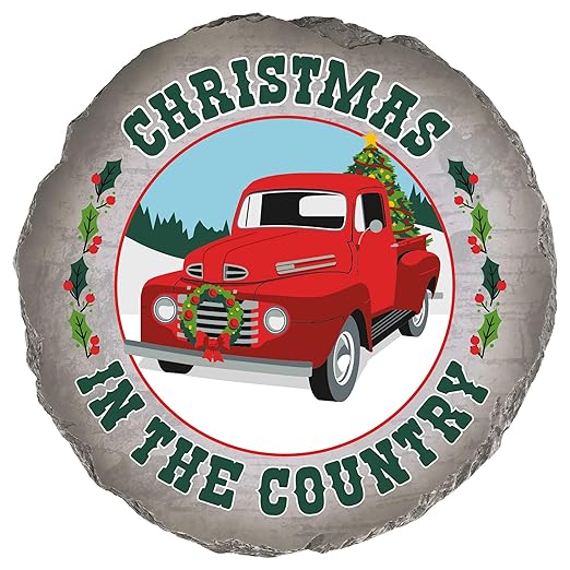 Magnolia Garden 10-Inch Christmas in The Country Decorative Stepping Stone – Vintage Red Truck Resin Garden Walkway Tile – Farmhouse Holiday Outdoor Accent