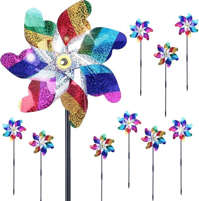 BATTIFE Reflective Pinwheels for Yard and Garden, Pre-Installed Sparkly Blind Birds Pin Wheel, Scare Birds & Animal Away Wind Spinner, 10 Pack (Colorful)